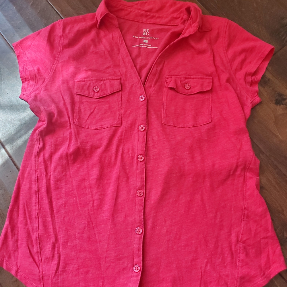 New York & Company 100% Cotton Pink Cap Sleeve Button Down Shirt